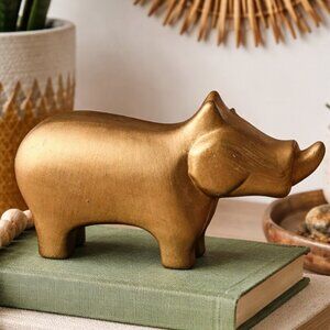Vtg MCM Style Gold Rhinoceros Figurine 6"L Rhino Self-reliance Courage Symbolism